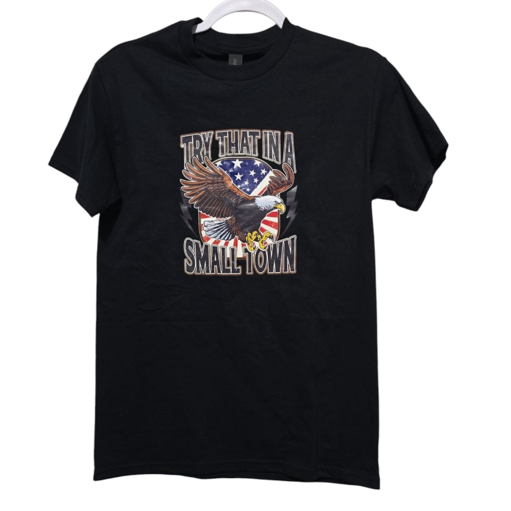 **Custom Gildan "Try This In A Small town" Graphic T-Shirt Small